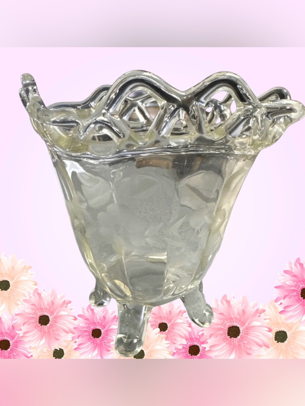 Imperial Glass Bowl, 5 1/2" T X 5 W Vintage Crocheted Crystal Lace Rim